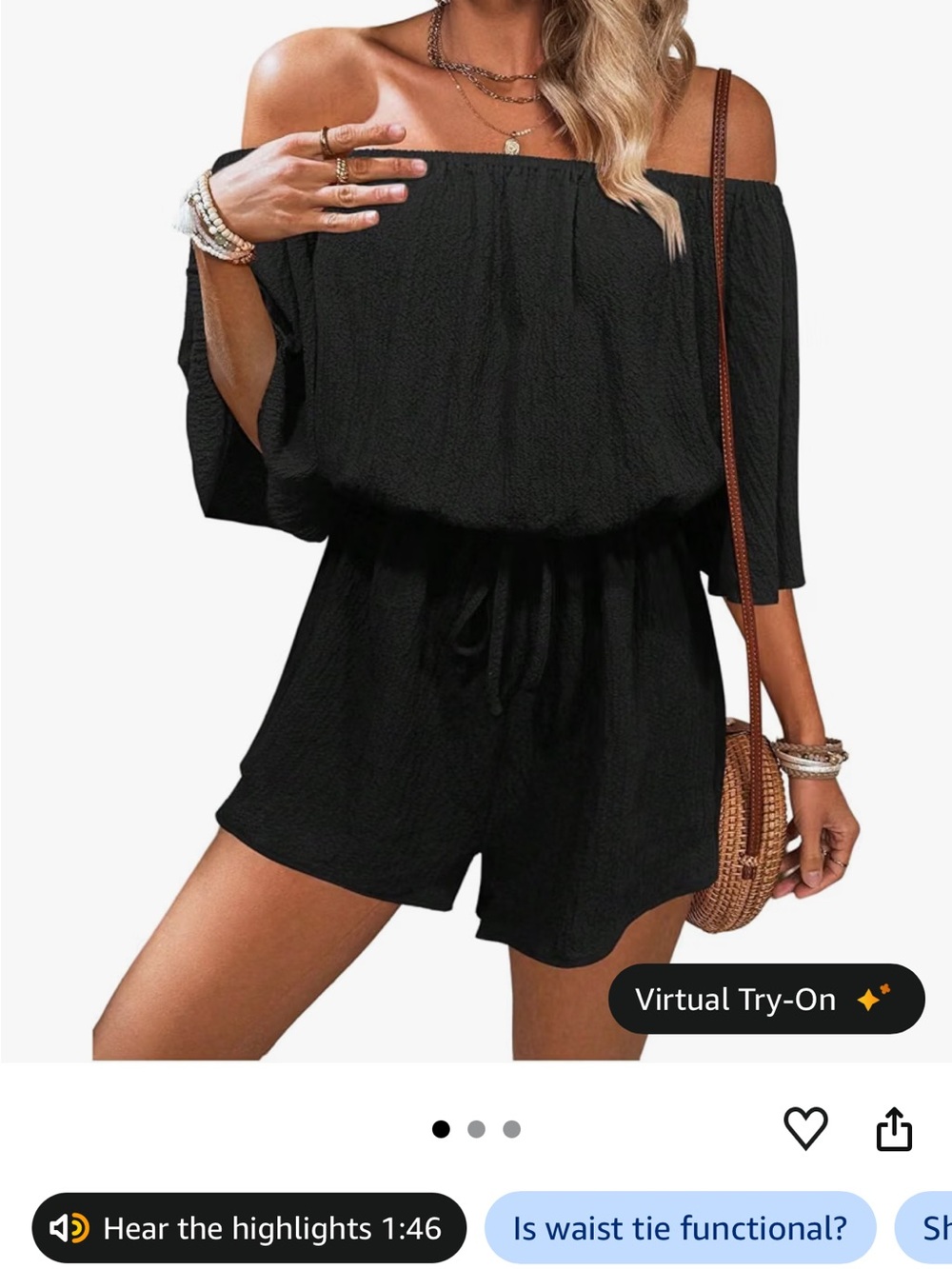 Off-Shoulder Black Romper with Waist Tie